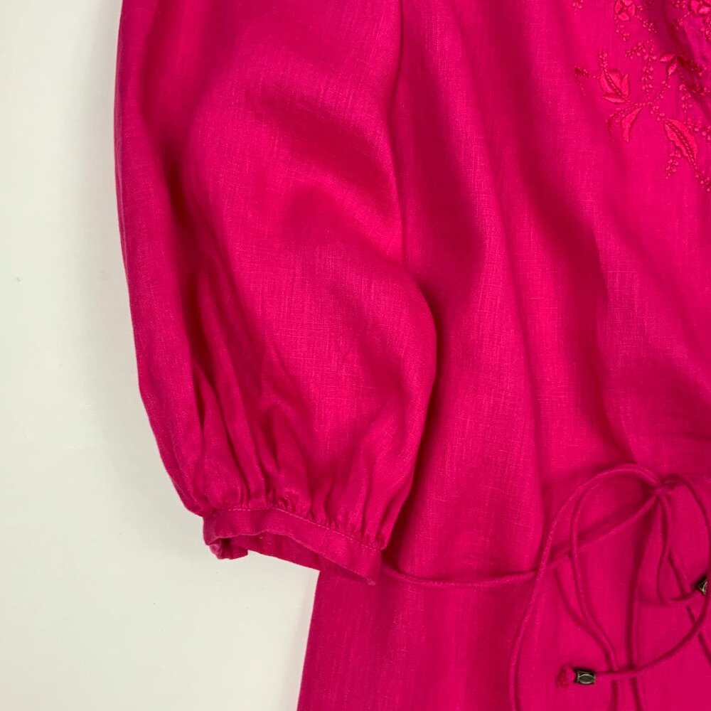 Lauren Ralph Lauren Fuschia Linen Peasant Embroidered Blouse Tie Waist Sz L - Picture 11 of 16